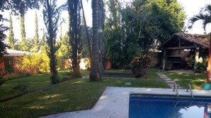 Une piscine bordée de béton, entourée d’une pelouse verdoyante et de différents arbres.