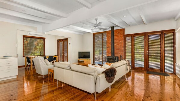 TV connectée, cheminée, livres