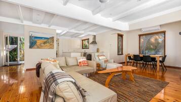 Smart TV, fireplace, books