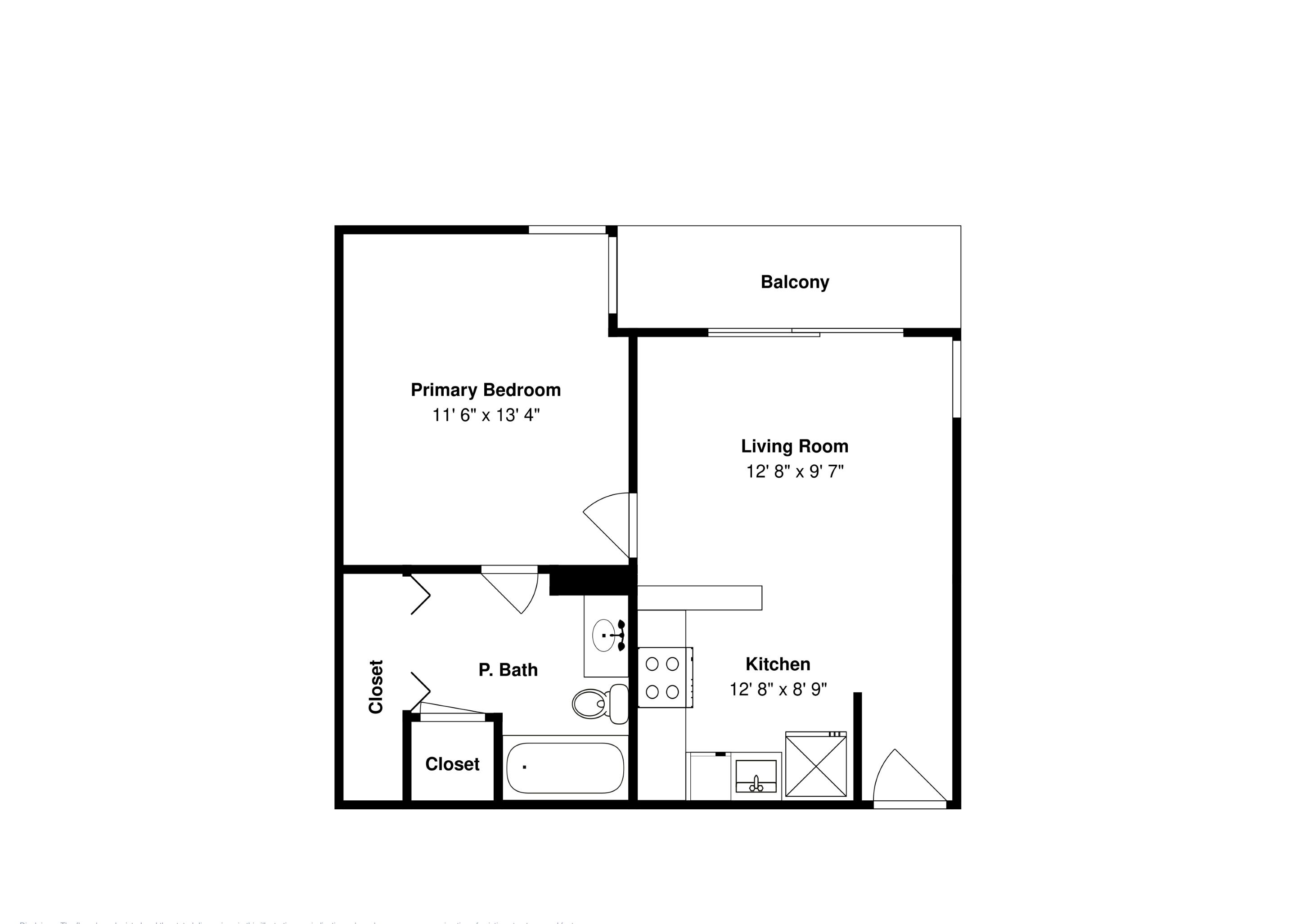 Ein Grundriss mit Schlafzimmer, Wohnzimmer, Balkon, Kleiderschrank, Gäste-Bad und Küche.