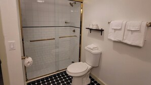 Un baño con ducha acristalada, inodoro y lavabo.