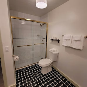 Hair dryer, towels, soap, toilet paper