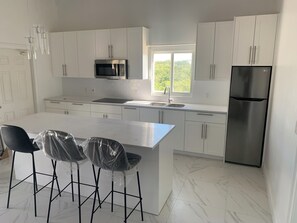 Kühlschrank, Mikrowelle, Herdplatte, Wasserkocher mit Kaffee-/Teezubehör