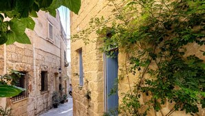 Ein schmaler Steinweg zwischen Gebäuden, mit Rundbögen und Fenstern.