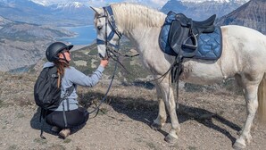 Een persoon die met een paard op een bergpad omgaat, met een prachtig uitzicht op bergen en een meer op de achtergrond.