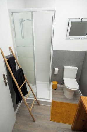 Chuveiro, secador de cabelo, toalhas de banho, sabonete