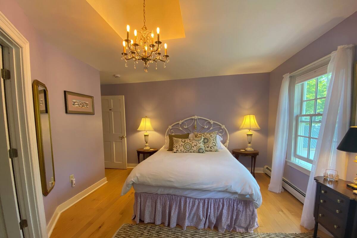 A bedroom with a large bed, two bedside tables with lamps, a chandelier, a door, and a window with curtains.