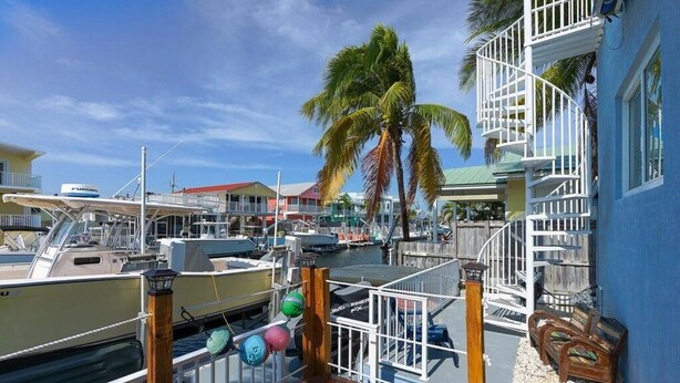 A marina with boats docked, a palm tree, and a building with a balcony.