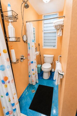 Une salle de bain avec des toilettes, une douche et une fenêtre.
