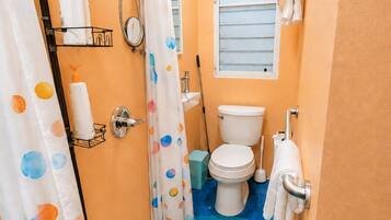 Shower, hair dryer, towels, soap