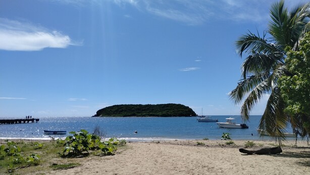 A beach with a sandy shore, a pier, boats, and a small island in the distance. - BioBay Inn Apt C - Cute Tiny Studio w/wifi & AC Near Malecon, Sun Bay (Vieques)
