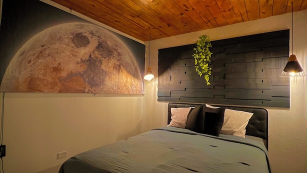 A bedroom with a wooden ceiling, a bed with a green bedspread, a wall-mounted plant, and a large moon mural.