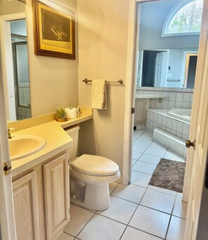 Shower, jetted tub, hair dryer, towels