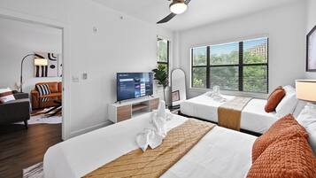 2 bedrooms, desk, iron/ironing board, travel crib