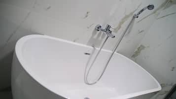 Hair dryer, towels, shampoo, toilet paper