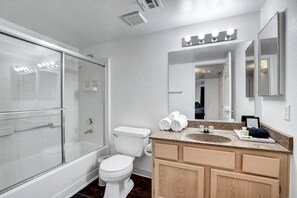 Hair dryer, towels, soap, toilet paper