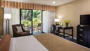 Habitación de hotel con una cama grande, un escritorio con ordenador, televisión y vistas a un jardín a través de puertas correderas de vidrio.