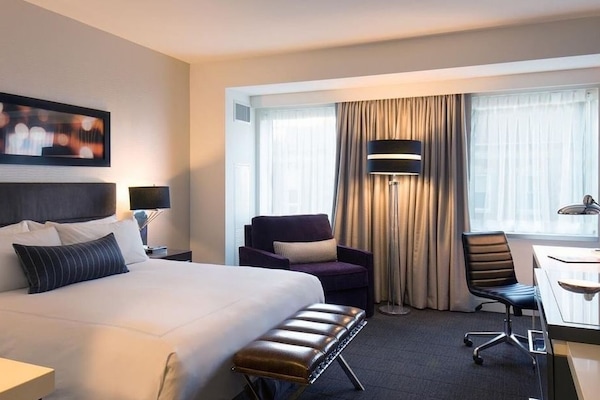 Unwind in a bright room with cozy bed and workspace.