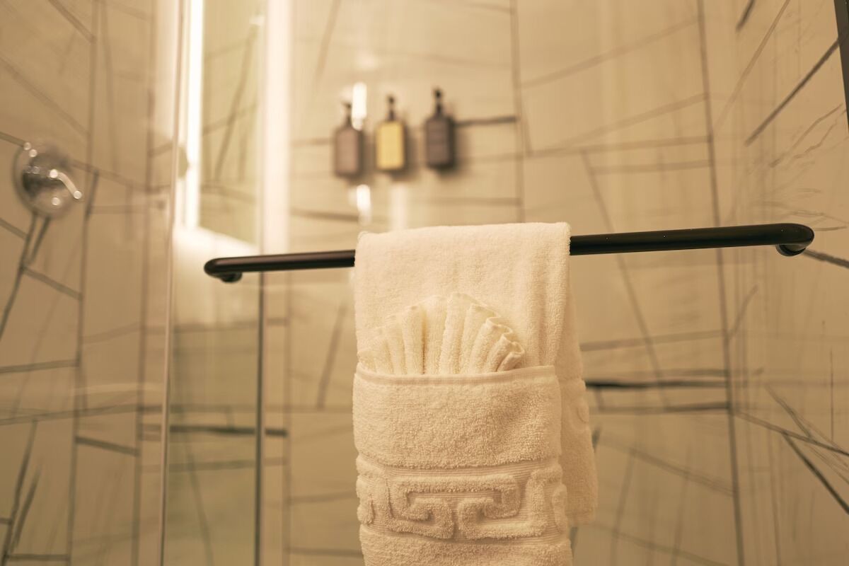 A bathroom with a glass shower enclosure, a towel rack with a towel, and a wall-mounted soap dispenser.
