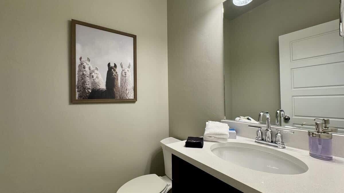 Un baño con lavamanos, espejo y un cuadro enmarcados de llamas en la pared.