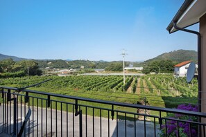 Ein Balkon mit Blick auf einen Weinberg, ein weißes Gebäude und eine Hügelkette in der Ferne.