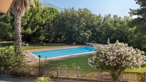 Una piscina rettangolare circondata da una recinzione in legno, con una palma e un arbusto fiorito in primo piano.