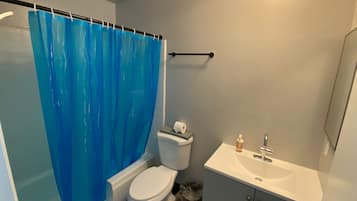 Douche, sĂšche-cheveux, serviettes fournies, papier toilette