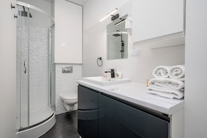 Shower, hair dryer, towels - Urban Nest Rustic Superior Apartment (Katowice)