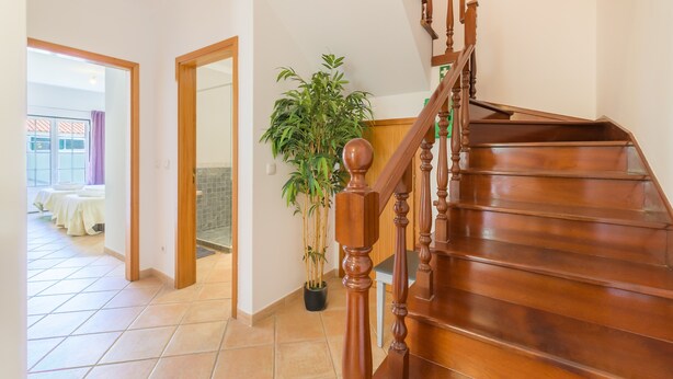 Eine Holztreppe mit einer Blumentopf-Pflanze daneben.