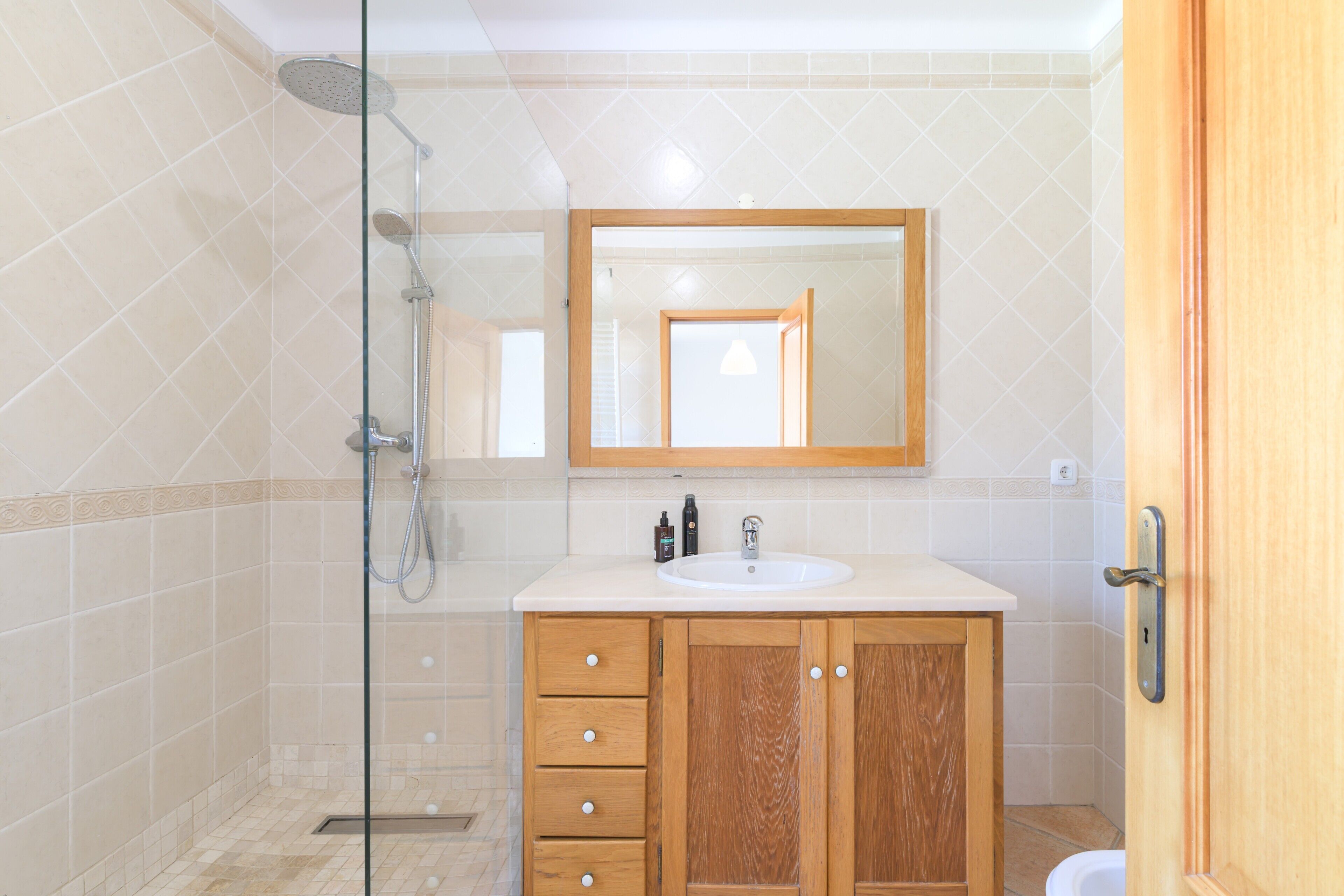 Shower, hair dryer, towels