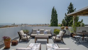 Terraço no telhado com um conjunto de sofás, uma mesa e plantas em vasos.