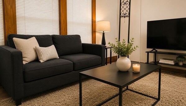 A modern living room with a black sofa, a small table with a vase and candle, a TV, and a window with blinds.