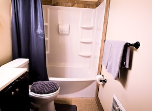 Hair dryer, towels, soap, toilet paper