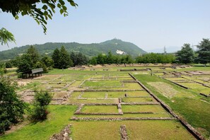 An archaeological site with rectangular excavation areas, a covered shelter, and a hill with a structure in the background.