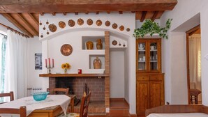 A dining area with a table, chairs, and a fireplace. There is a wooden cabinet with glass doors and a hanging plant.