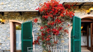 Un bâtiment en pierre avec des volets verts, une terrasse carrelée et une table ornée de citrons et d’une assiette.