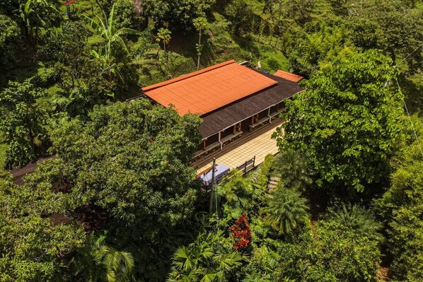 An aerial view of a building with a red roof surrounded by dense green foliage.
