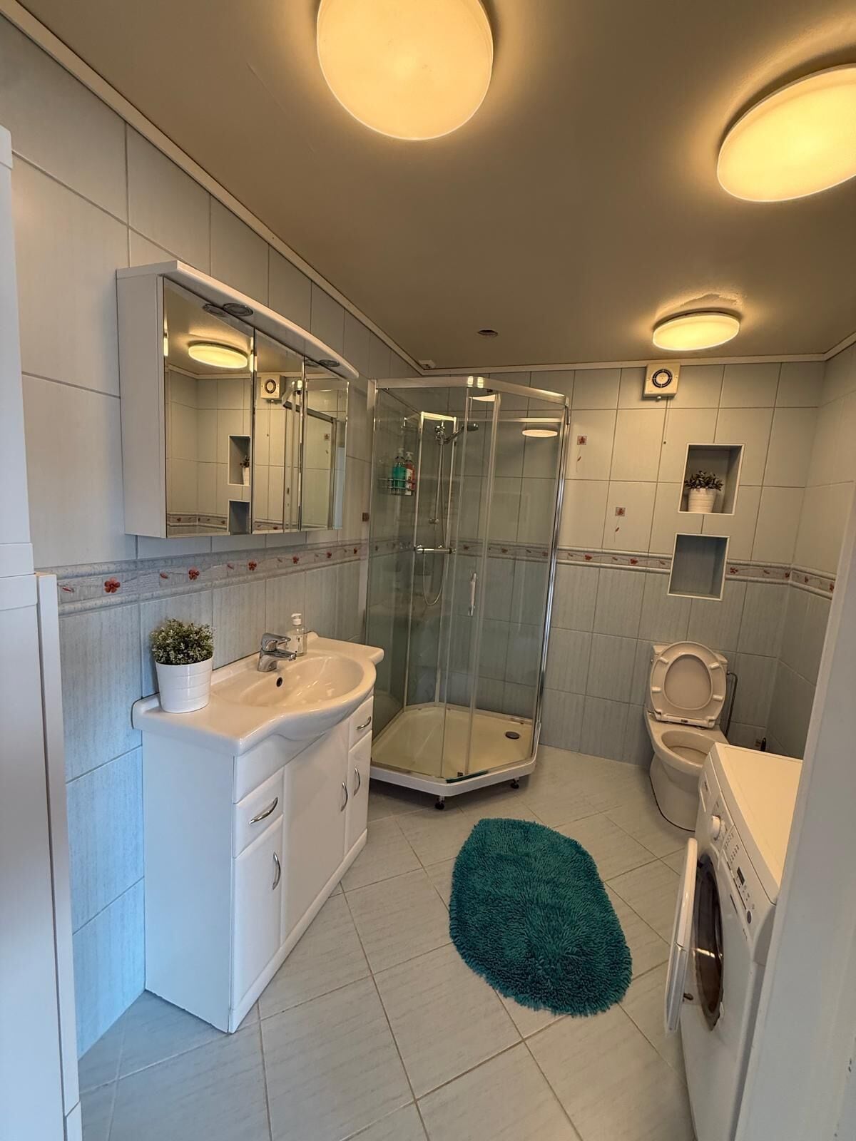 Dusj, hårføner, håndklær og såpe