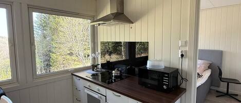 Een compacte keuken met een fornuis, magnetron en een raam met uitzicht op bomen.