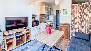 Un espace de vie compact comprenant un téléviseur, un meuble de rangement en bois, une kitchenette et un canapé.