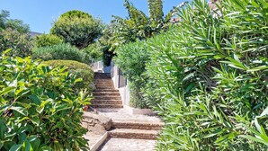 Un escalier en pierre, bordé d’une végétation luxuriante, mène à un bâtiment.