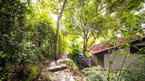 Un chemin de pierres serpente à travers un jardin luxuriant, parsemé d’une végétation dense, et mène à un petit bâtiment surmonté d’un toit rouge.