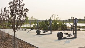 Equipos de ejercicio al aire libre en un parque con un lago al fondo.