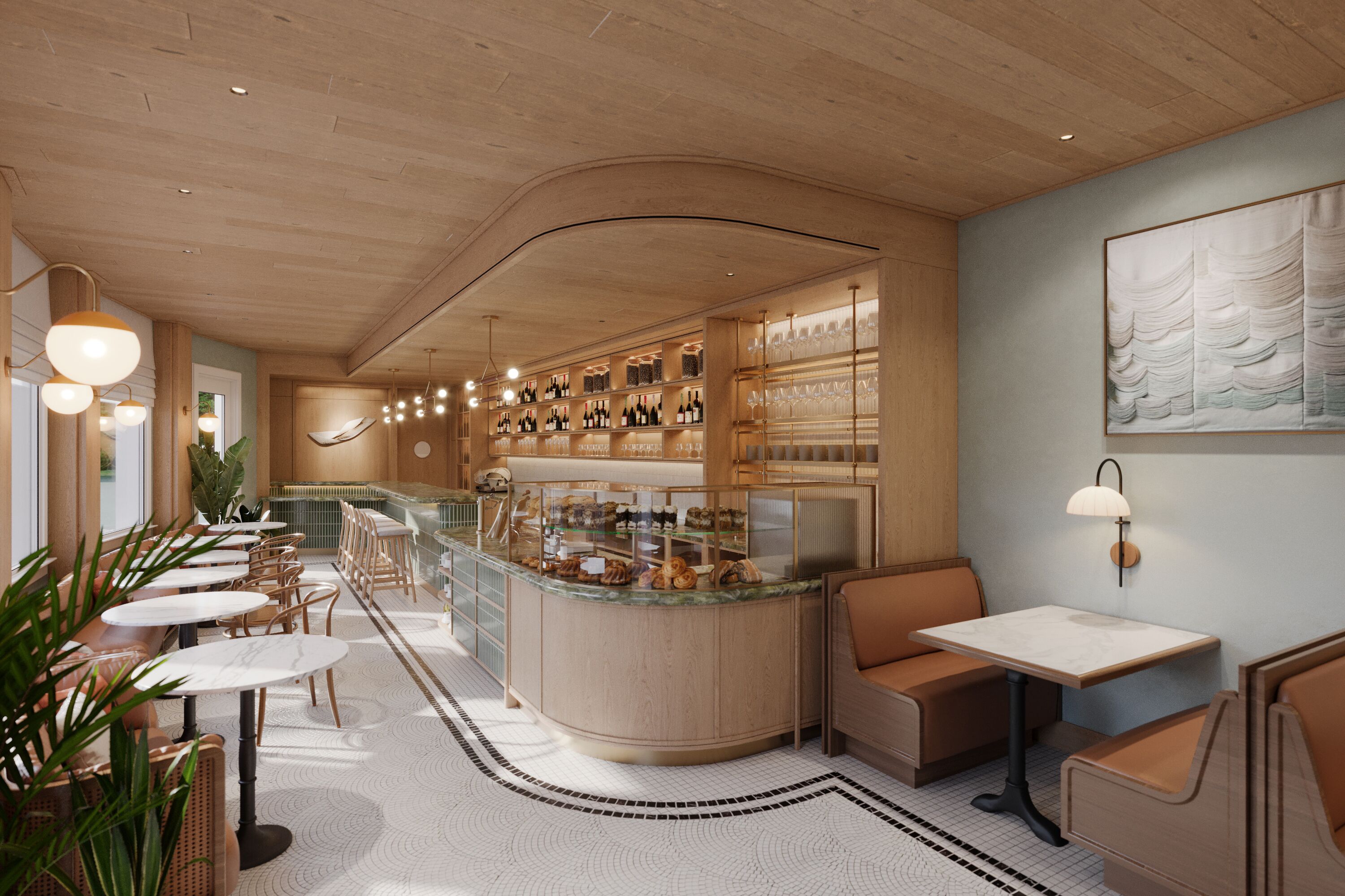 Un intérieur moderne avec un bar central, des espaces aménagés pour s’asseoir et un élément décoratif mural.