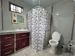 Shower, towels, soap, toilet paper