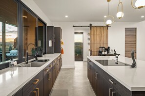 A modern kitchen with two sinks, dark cabinetry, and a view through the glass door.