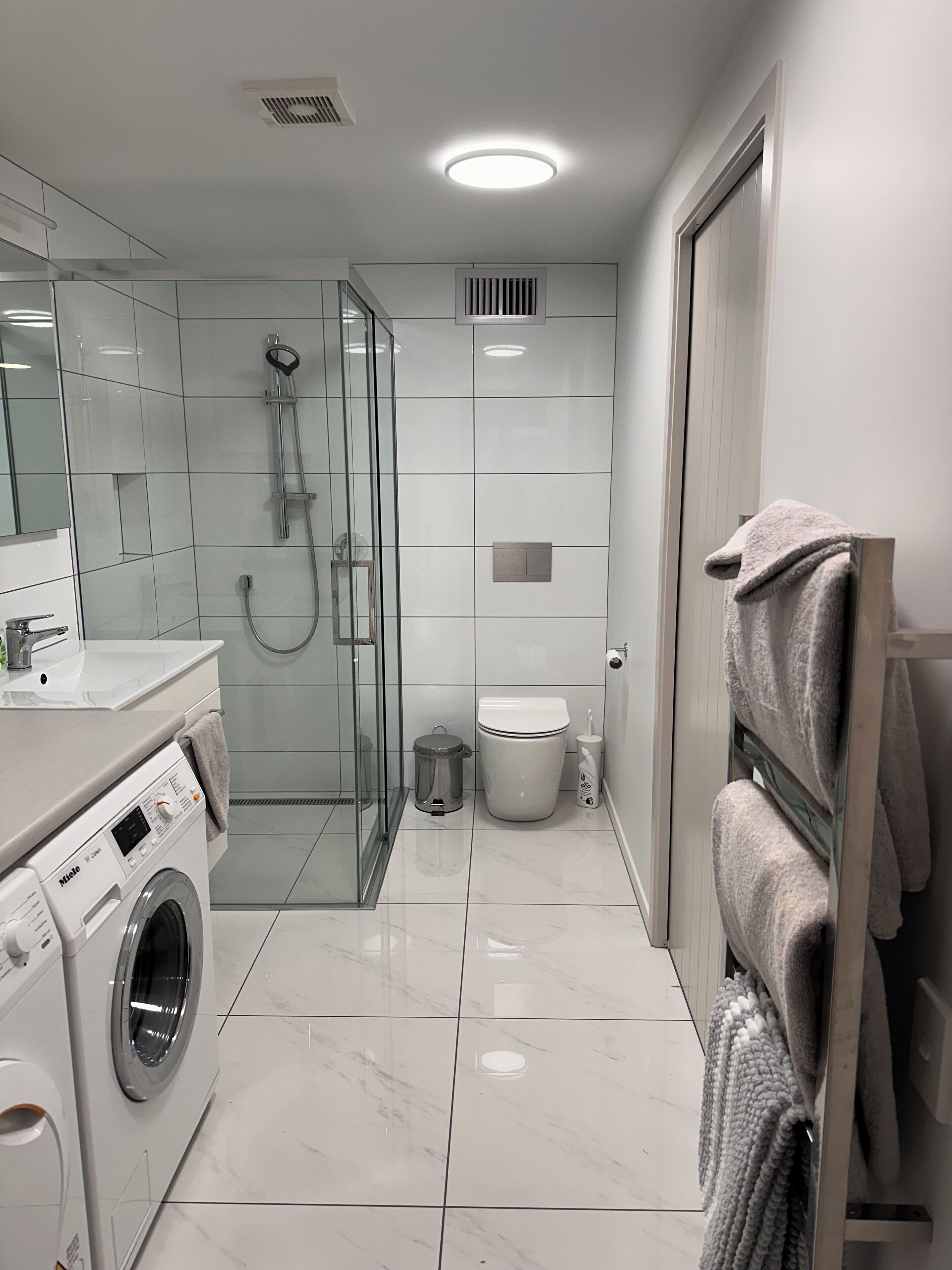 Shower, towels, soap, toilet paper