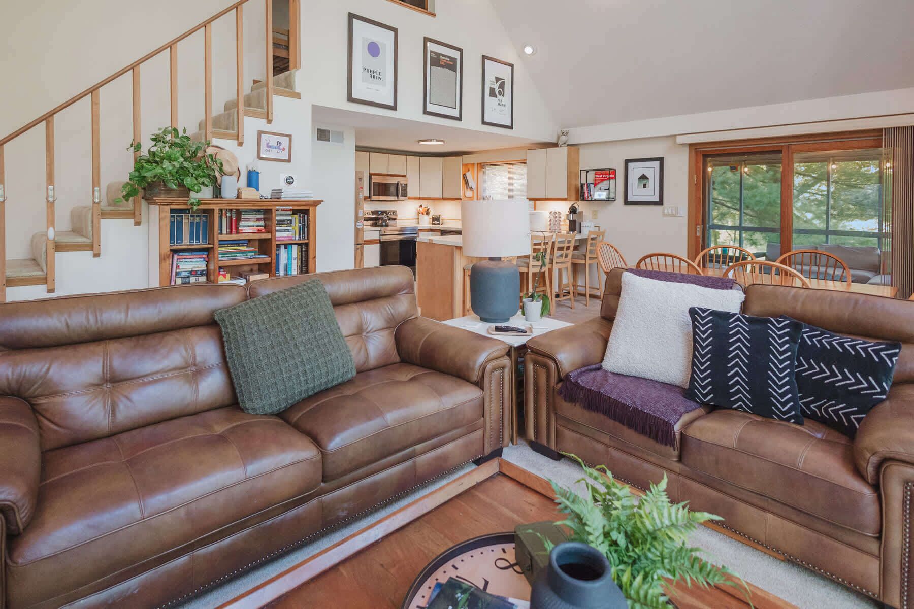TV, fireplace, books