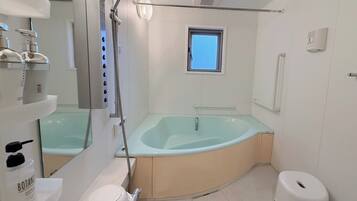 Hair dryer, towels, soap, shampoo