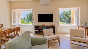 Una sala de estar con televisor, dos ventanas, un sofá, un sillón y una mesita.